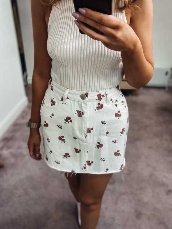 White Floral Denim Mini Skirt
