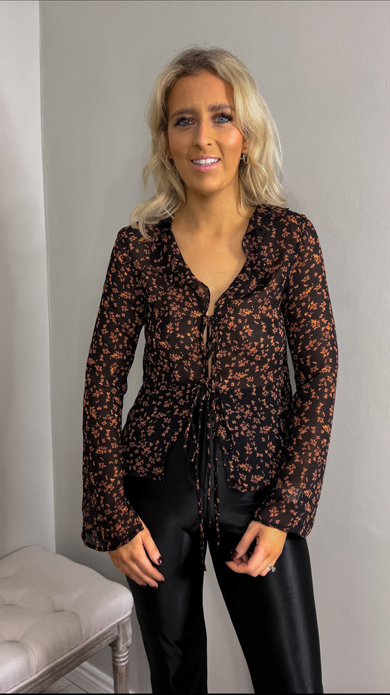 Floral Long Sleeve Tie Front Blouse