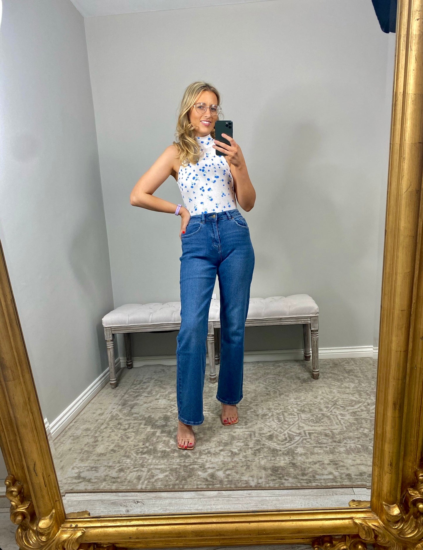 Blue High Waisted Denim Straight Leg Jeans