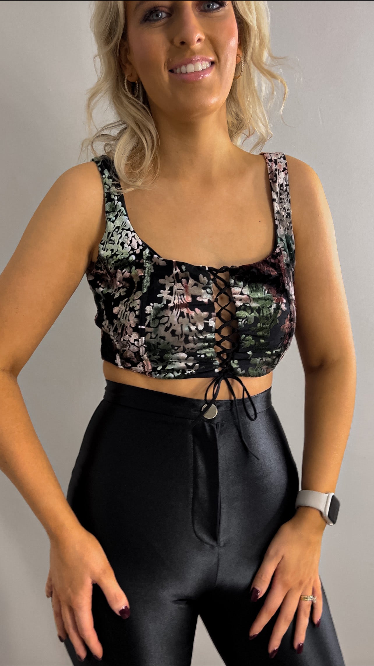 Cropped Lace Front Velvet Top