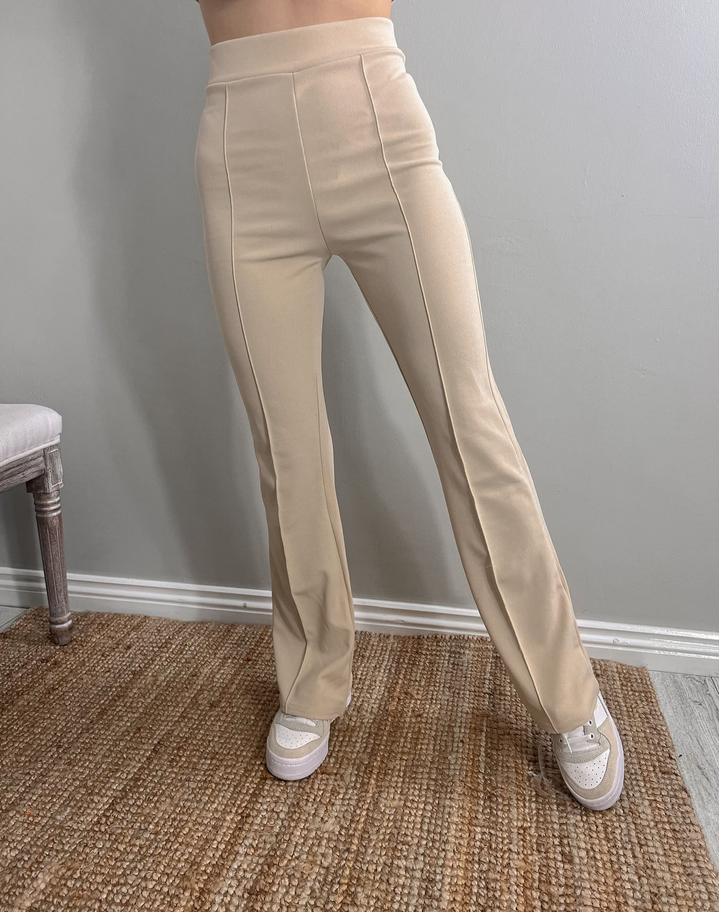 Beige Pintuck Front Flared Trousers