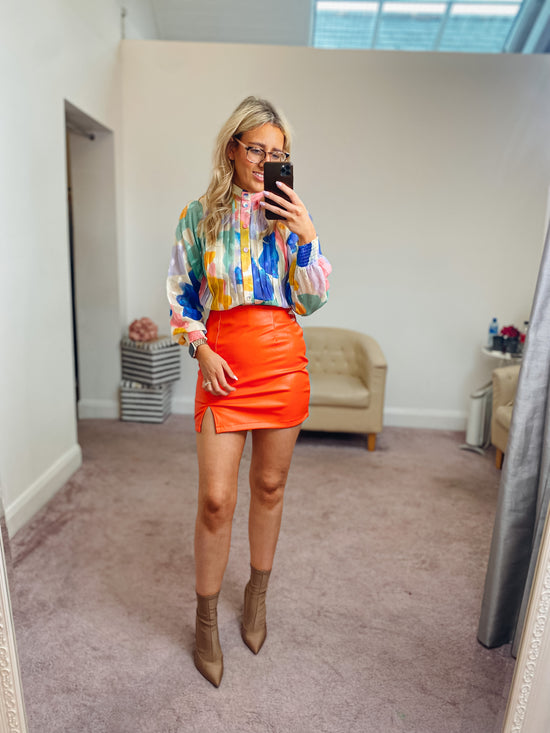 Faux Leather Side Slit Mini Skirt Orange