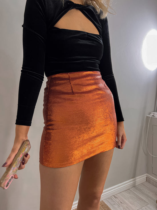 Orange Sequin Mini Skirt