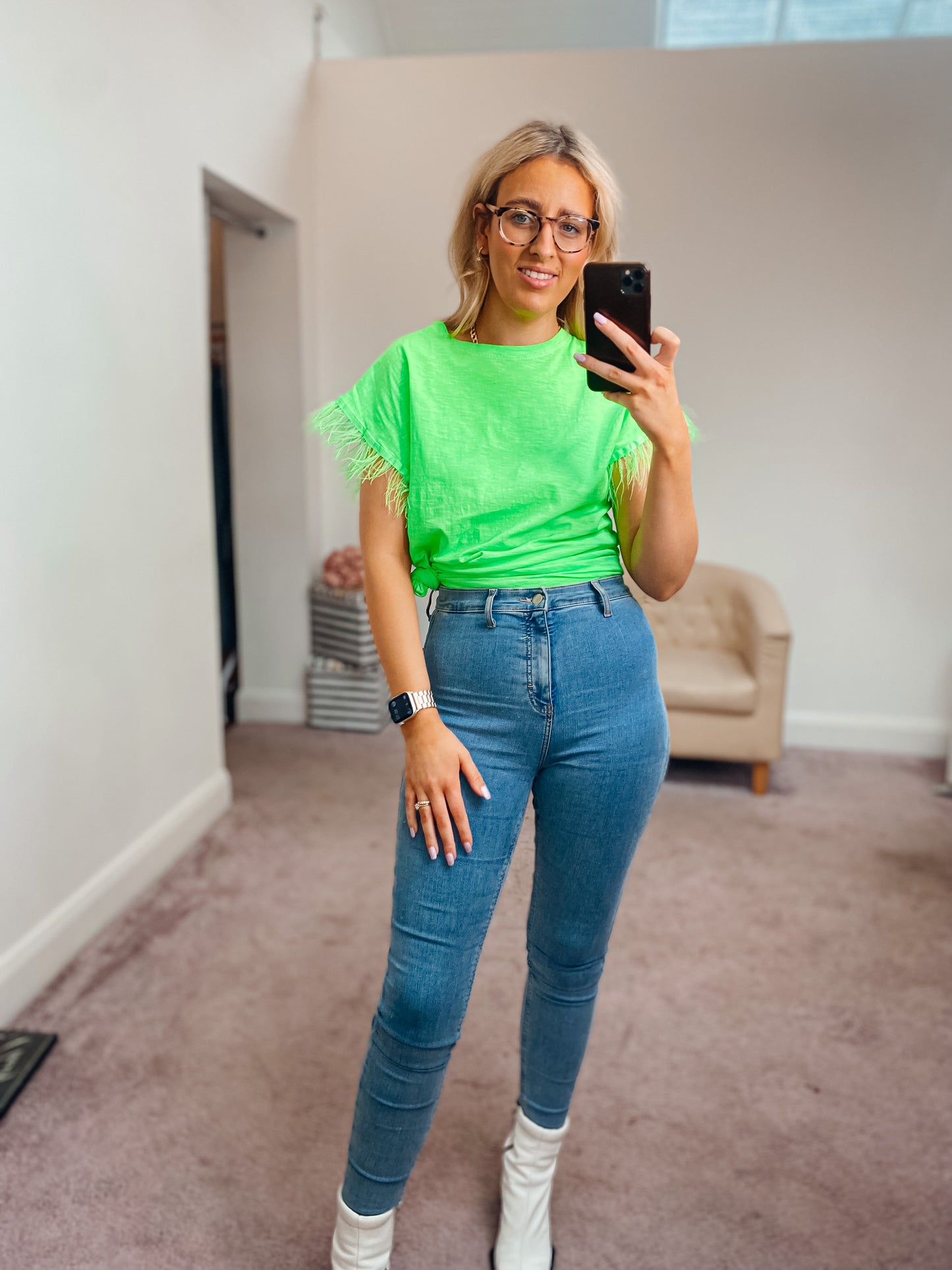 Green Faux Feather Trim T-Shirt
