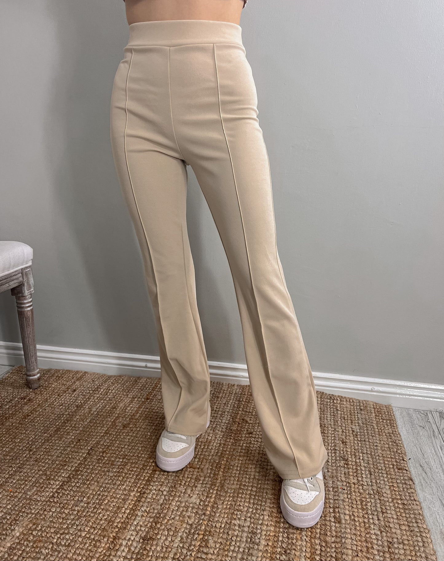 Beige Pintuck Front Flared Trousers