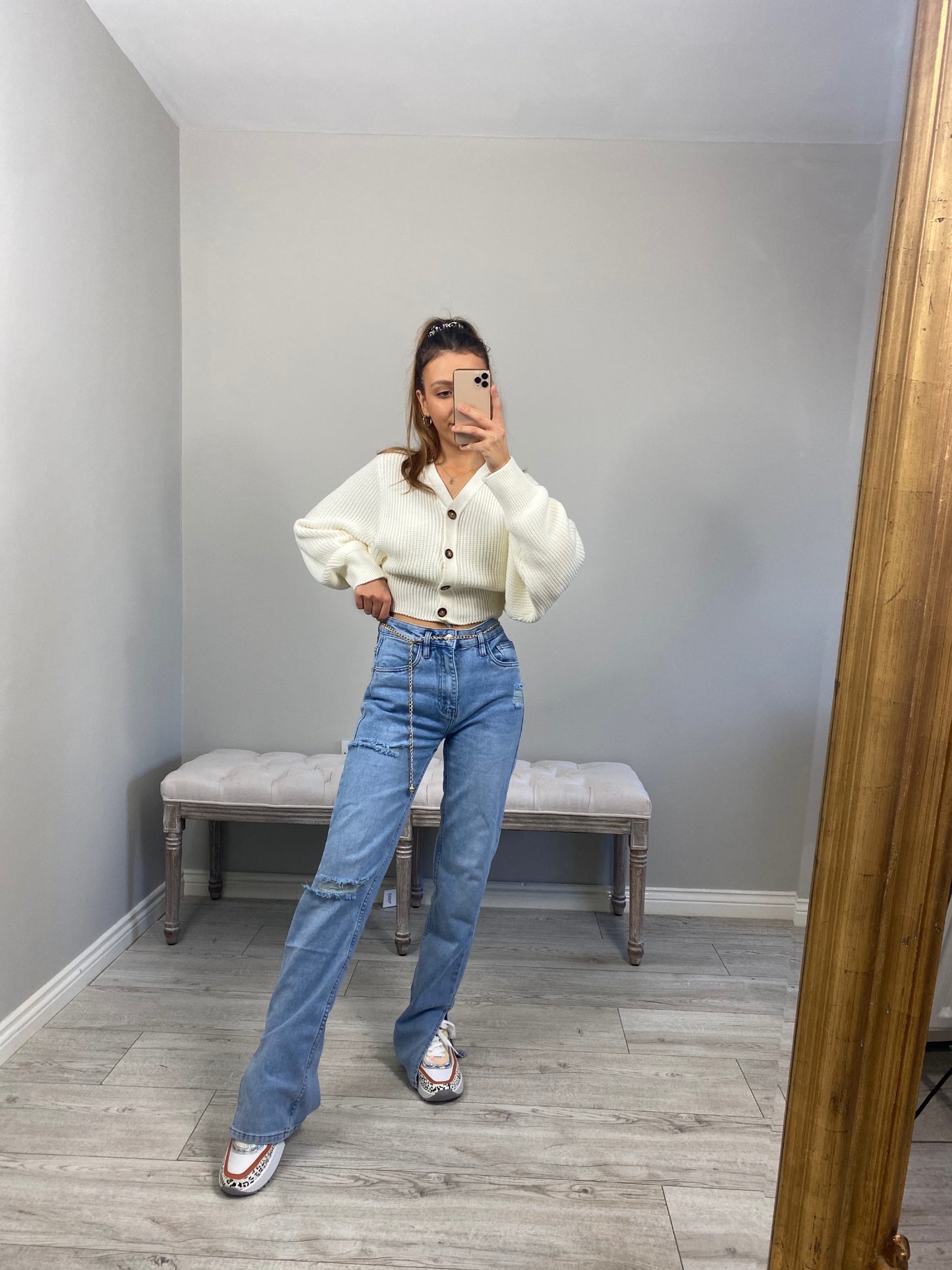 Belted High Waisted Ripped Ankle Slit Mom Jeans