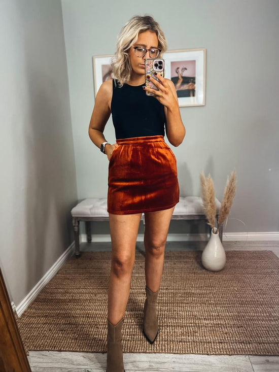 Rust Velvet Mini Skirt with Pockets