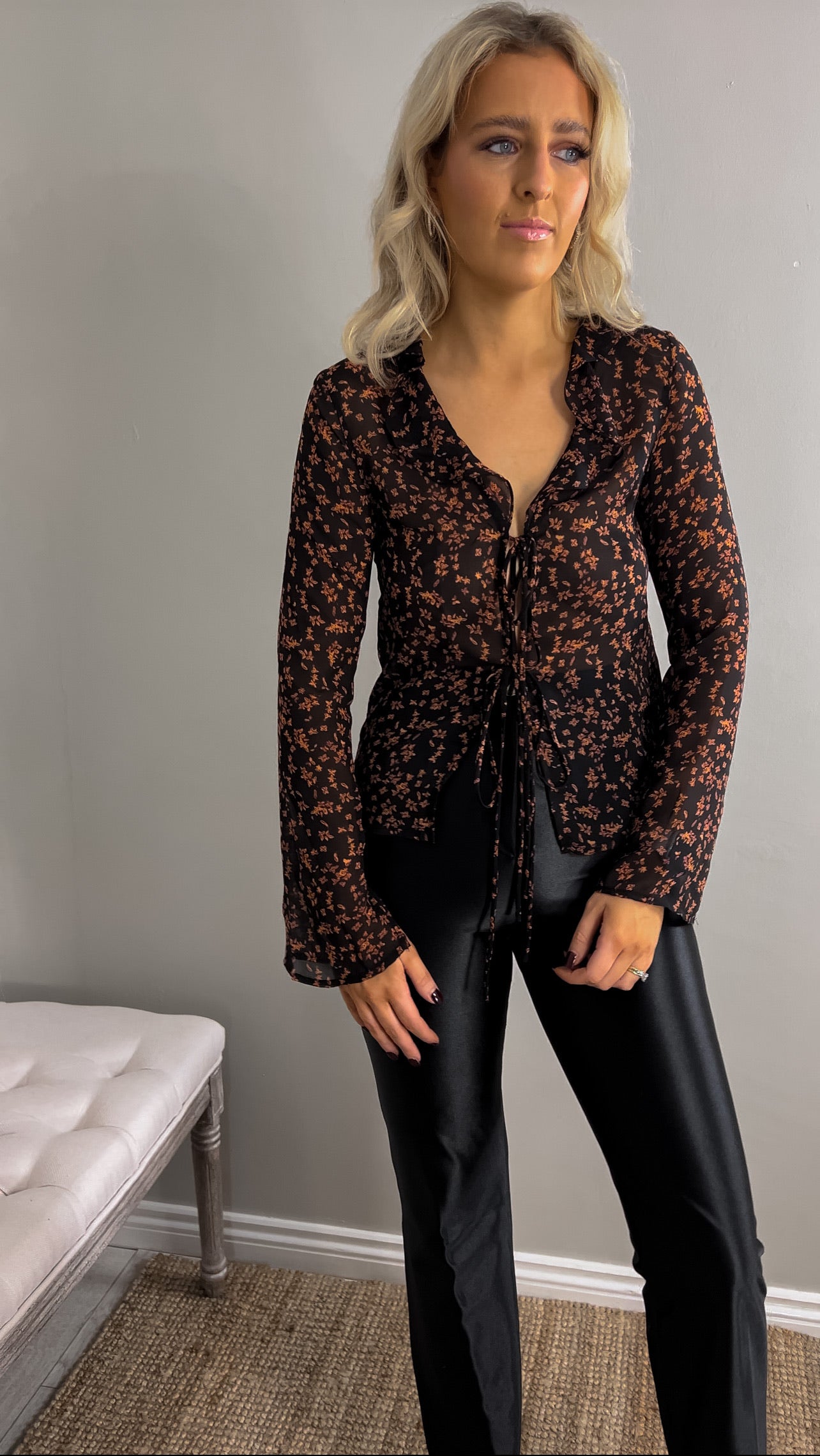 Floral Long Sleeve Tie Front Blouse