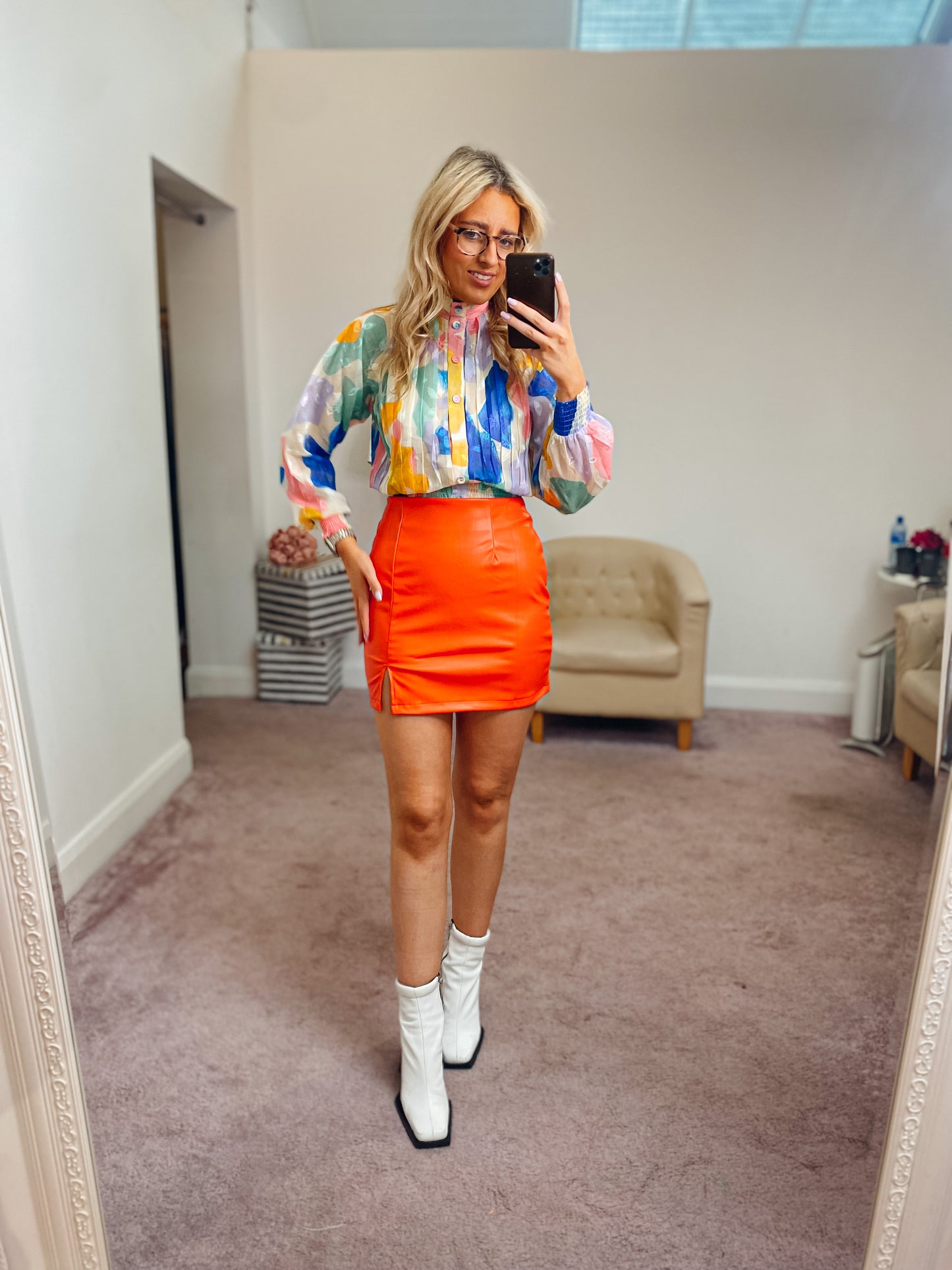 Faux Leather Side Slit Mini Skirt Orange