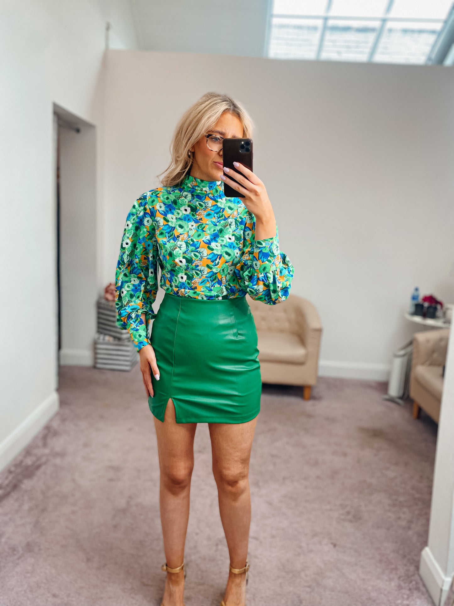 Faux Leather Side Slit Mini Skirt Green
