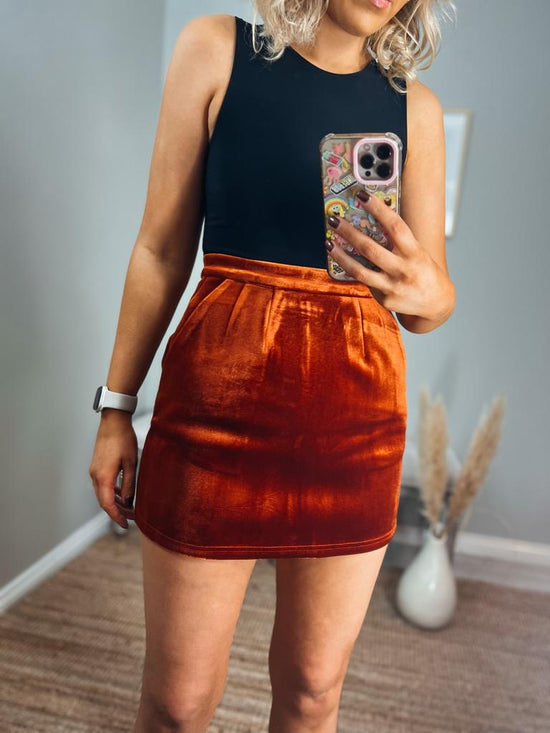 Rust Velvet Mini Skirt with Pockets